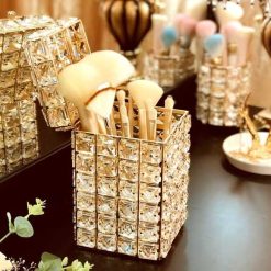 European Luxury Golden Crystal Dressing Table Makeup Brush Organizer