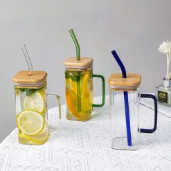 Ice Tea Glass Mug with Wooden Top and Glass Straw 450ml
