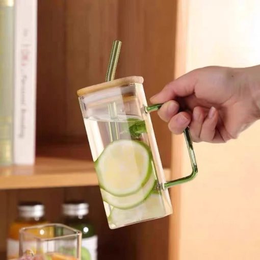 Ice Tea Glass Mug with Wooden Top and Glass Straw 450ml - Image 2