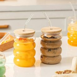 Glass Tumbler with Glass Straw and Wooden Lid
