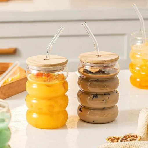 Glass Tumbler with Glass Straw and Wooden Lid