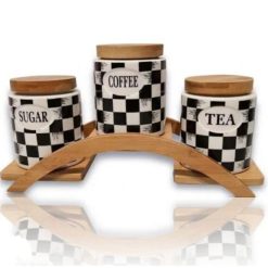 Ceramic Vintage Canisters Set With Wooden Stand Tray