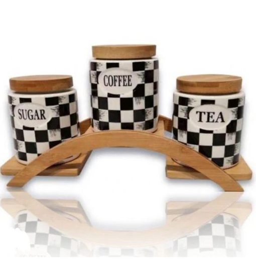 Ceramic Vintage Canisters Set With Wooden Stand Tray