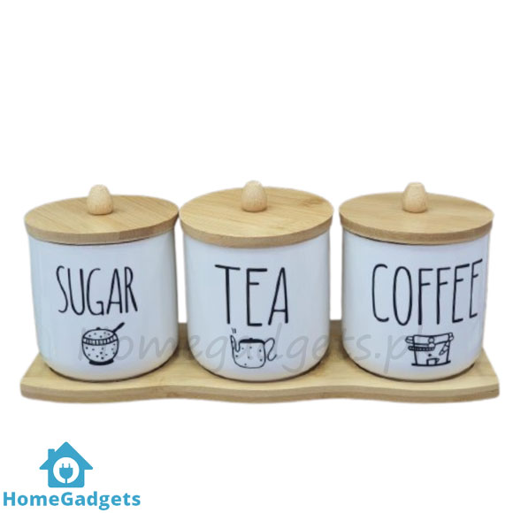 Porcelain Canister Set 3Pcs with Wooden Tray 1 Porcelain Canister Set 3Pcs with Wooden Tray