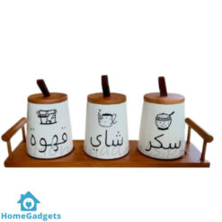 Porcelain Canister Set 3Pcs with Wooden Tray