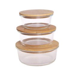 Glass Bowl Set with Wooden Lid - 4 Pcs Set