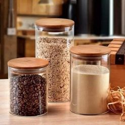 Glass Jar Set with Wooden Lid -  3pcs