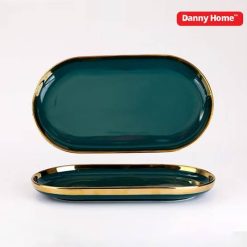 Danny Home Emerald Green Gold Trim Porcelain Oval Plate 12Inch