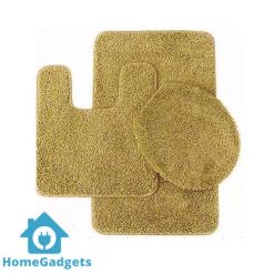 3Pcs GOLD Bathroom Set Bath Mat Rug Contour and Toilet Lid Cover with Rubber Backing