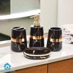 Bathroom Set Black Marbel Design with Gold Rim Set of 4 Pcs