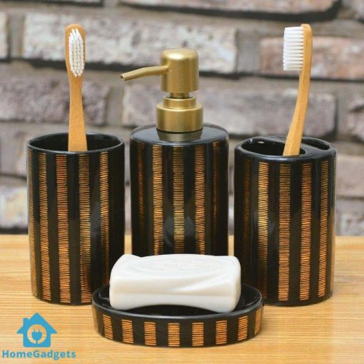 Bathroom Set Black and Gold Stripes Set of 4Pcs