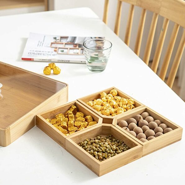 4 Grid Bamboo Serving Tray with Acrylic Lid