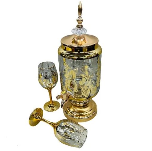 Fancy Glassware Water Set with Dispenser Gold