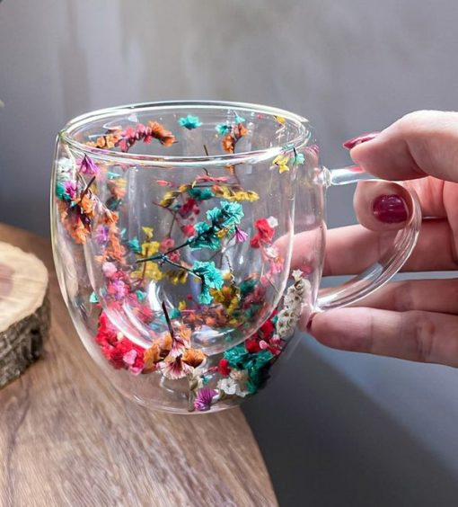 Double Wall Floral Glass Mug 1Pcs