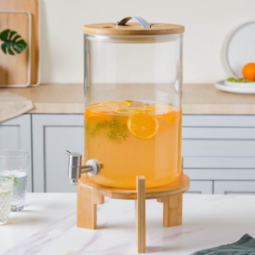 Glass Drink Dispenser with Spout Stainless Steel Beverage Dispenser with Stand for Parties Lemonade Stand for Tea Coffee Cold Milk Water Juice in Parties Offices Weddings – 11-Liter