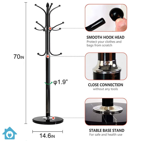 Metal Coat Rack Stand with Natural Marble Base – Free Standing Hall Tree with 12 Hooks (Black) 5 Metal Coat Rack Stand with Natural Marble Base