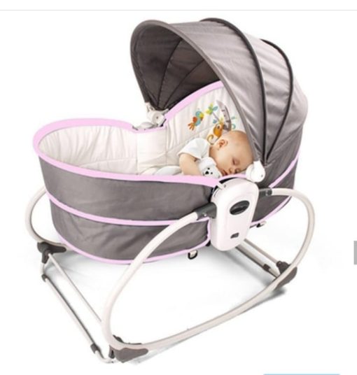 Mastela 5 in 1 Rocker cum Bassinet with Overhead Toy Bar – Grey Pink – Kiddyco