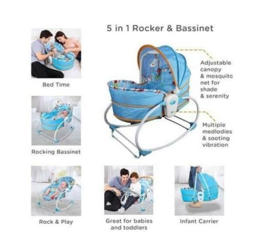 Mastela 5 in 1 Rocker cum Bassinet with Overhead Toy Bar – Blue – Kiddyco 6