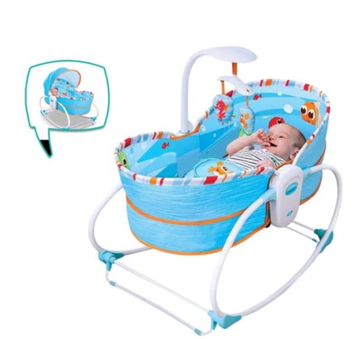 Mastela 5 in 1 Rocker cum Bassinet with Overhead Toy Bar – Blue – Kiddyco