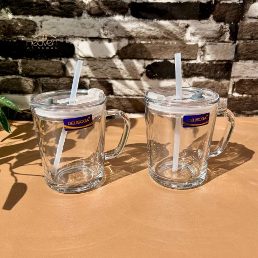 Delisoga® Set of 2 Transparent Coffee Mugs with Straw -Premium Mason J