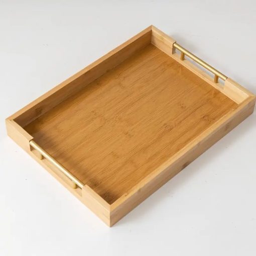 BAMBOO WOOD TRAY WITH GOLDEN HANDLE
