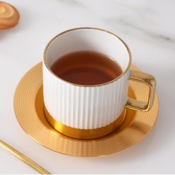 Coffee and Tea Cup Striped with Metal Saucer Set of 6