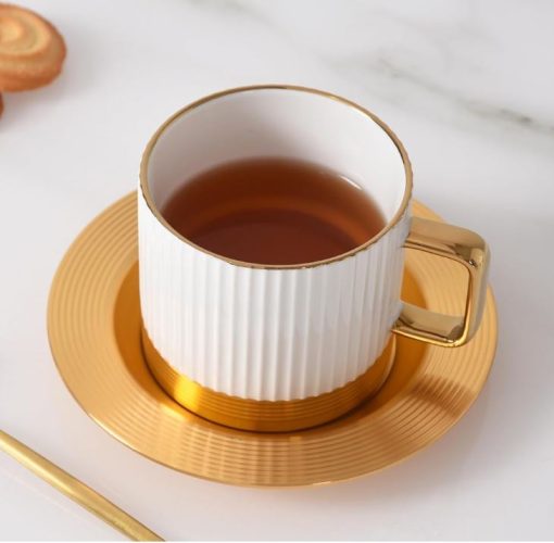Coffee and Tea Cup Striped with Metal Saucer Set of 6