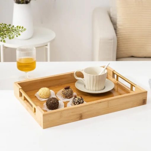 BAMBOO WOOD TRAY WITH GOLDEN HANDLE