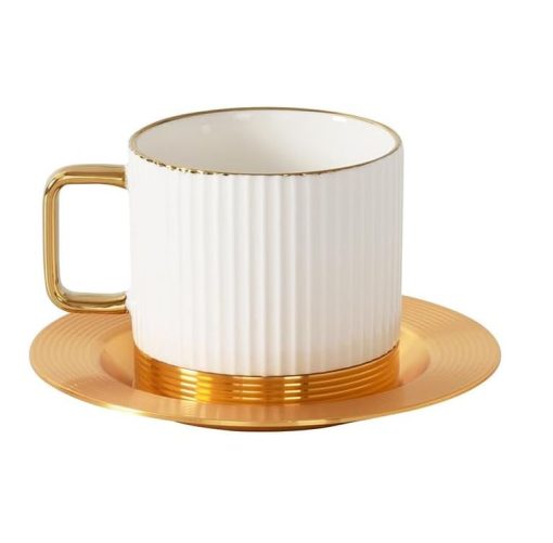 Coffee and Tea Cup Striped with Metal Saucer Set of 6