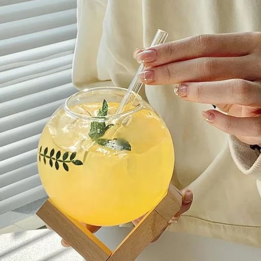 Creative Round Shape Drinking Glass Cup with Wooden Stand