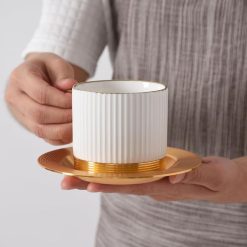 Coffee and Tea Cup Striped with Metal Saucer Set of 6