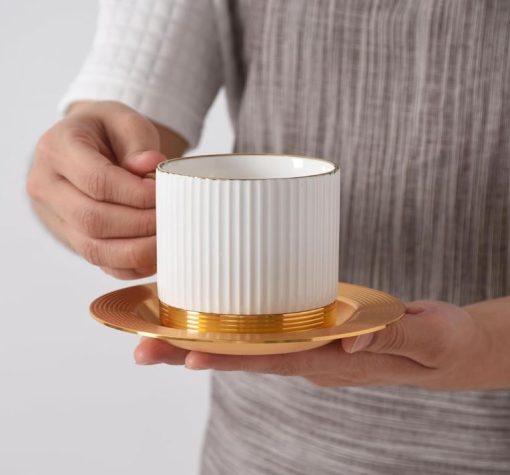 Coffee and Tea Cup Striped with Metal Saucer Set of 6