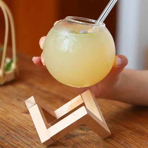 Creative Round Shape Drinking Glass Cup with Wooden Stand