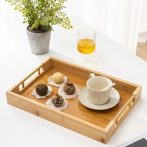 BAMBOO WOOD TRAY WITH GOLDEN HANDLE