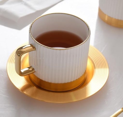 Coffee and Tea Cup Striped with Metal Saucer Set of 6