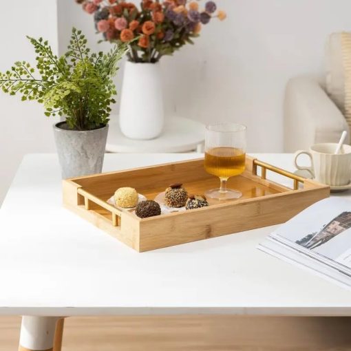 BAMBOO WOOD TRAY WITH GOLDEN HANDLE