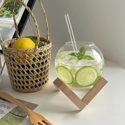 Creative Round Shape Drinking Glass Cup with Wooden Stand