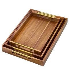Wooden Bamboo Serving Tray With Golden Handles