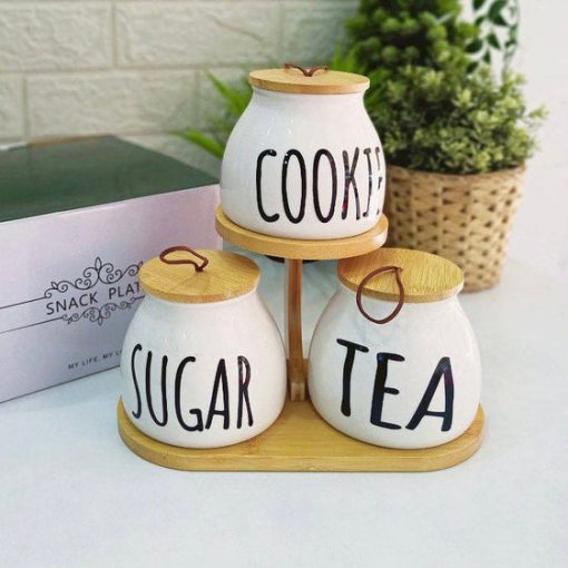 Ceramic Airtight Canister Set With Wooden Stand