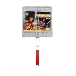 BBQ Square Grill Pan Wooden Handle Grill Bar B Q Stainless Steel Fish & Chicken 25x25cm