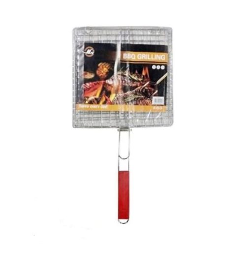 BBQ Square Grill Pan Wooden Handle Grill Bar B Q Stainless Steel Fish & Chicken 25x25cm