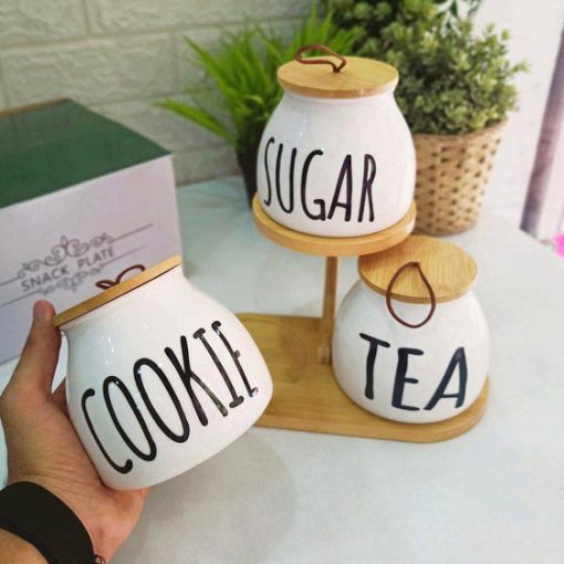 Ceramic Airtight Canister Set With Wooden Stand