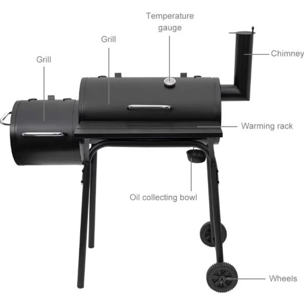 27 Inch Charcoal Barrel Grill with Offset Smoker Bbq Grill Outdoor Camping Oven