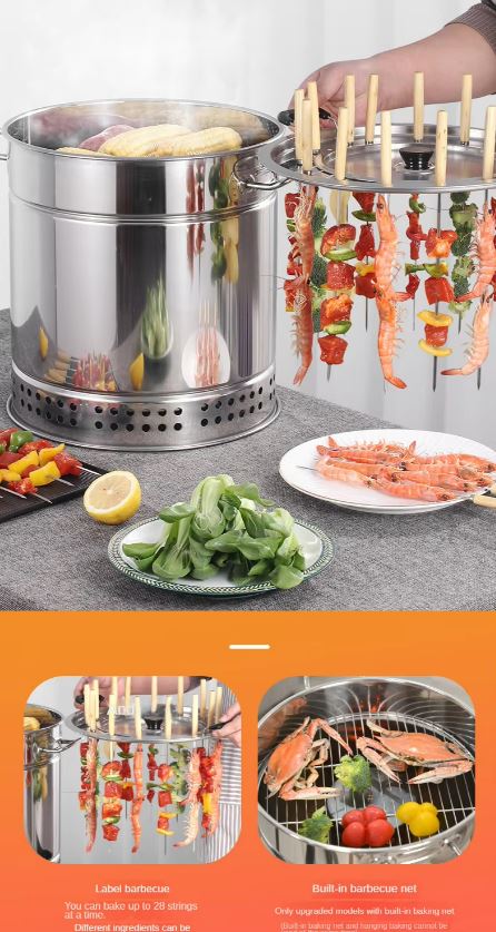 Cylinder BBQ Grill Smokeless Barbecue Grill Outdoor Portable Stainless Steel Barrel Barbecue Grill 28 BBQ Stick with Accessories 