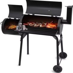 27 Inch Charcoal Barrel Grill with Offset Smoker Bbq Grill Outdoor Camping Oven