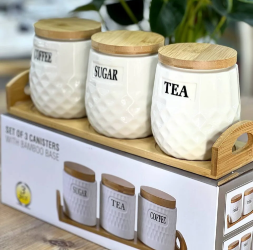 Tea Coffee & Sugar Jar Set with Bamboo Covers