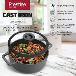 Prestige Cast Iron Casserole Induction with Glass Lid Biryani Pot with Heavy Bottom Cast Iron Cookware 20cm – 48896