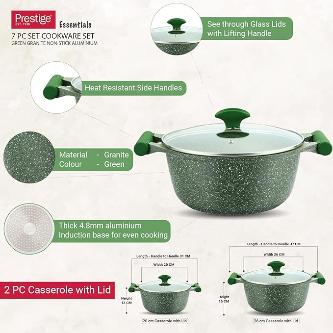 Prestige Essentials Granite Non-Stick Cast Aluminium Cookware sets Induction Base 7 Piece Green – 80960 5 Prestige Essentials Granite Non-Stick Cast Aluminium Cookware sets Induction Base 7 Piece Green – 80960