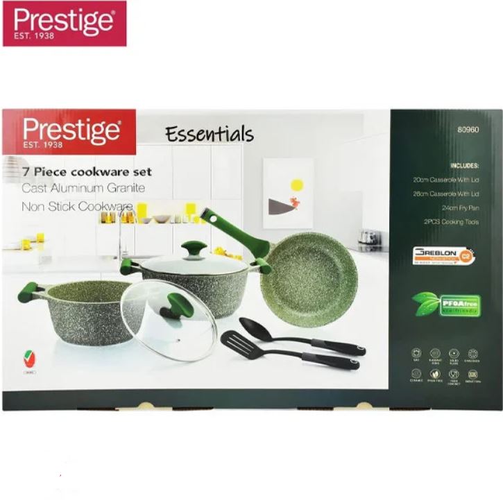 Prestige Essentials Granite Non-Stick Cast Aluminium Cookware sets Induction Base 7 Piece Green – 80960 1 Prestige Essentials Granite Non-Stick Cast Aluminium Cookware sets Induction Base 7 Piece Green – 80960