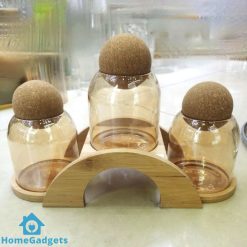 3 Piece Glass Jar Set with Wooden Stand